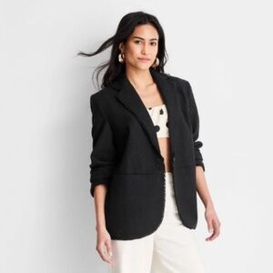 Future Collective Black Boucle Frayed Edge Tweed Blazer Jacket Size Large